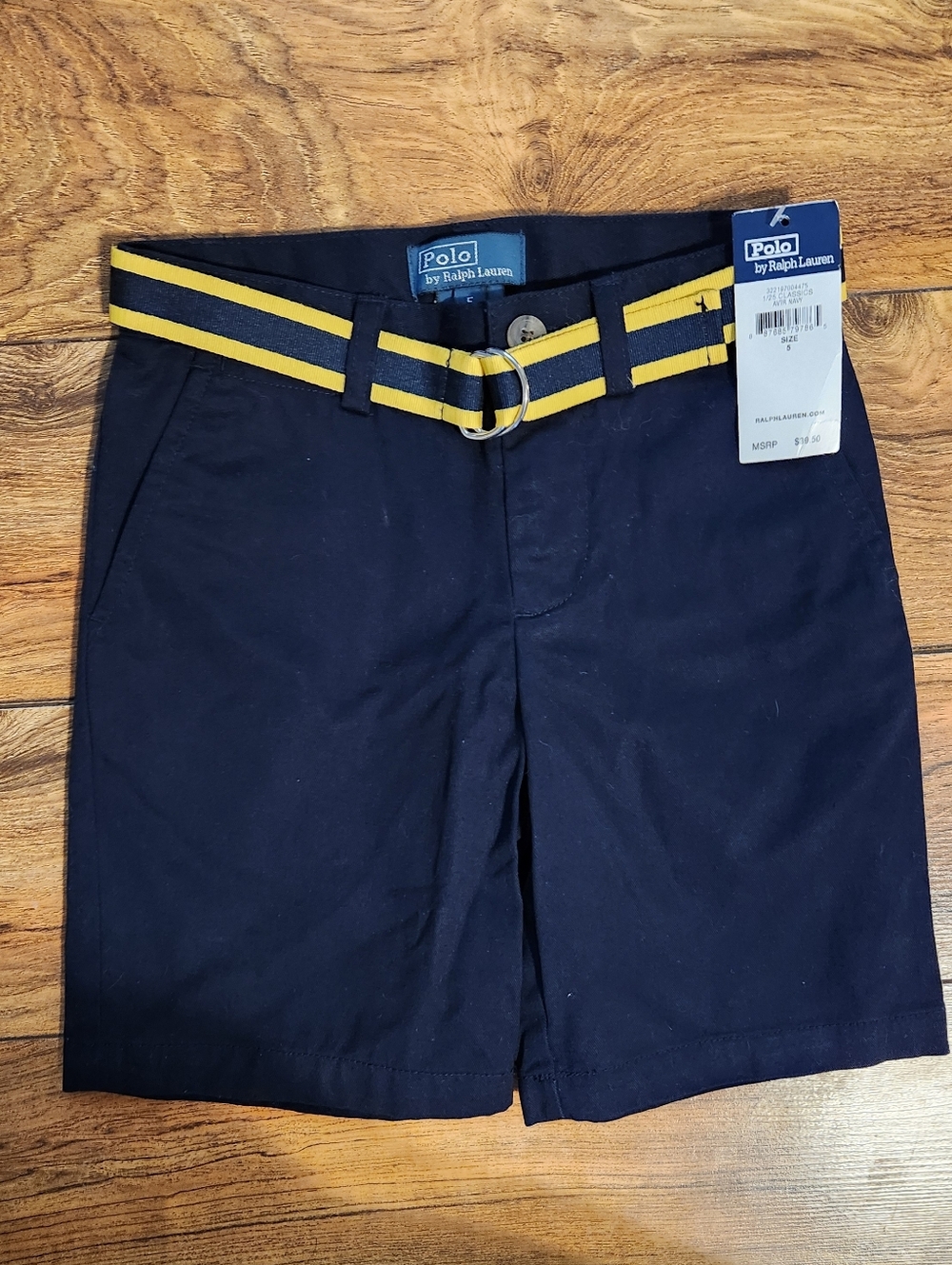 Polo by Ralph Lauren Boys Navy Shorts with Yellow-Striped Belt , Size 5
